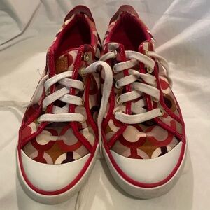 Coach Red, Tan and White Patterned Sneakers Size 7